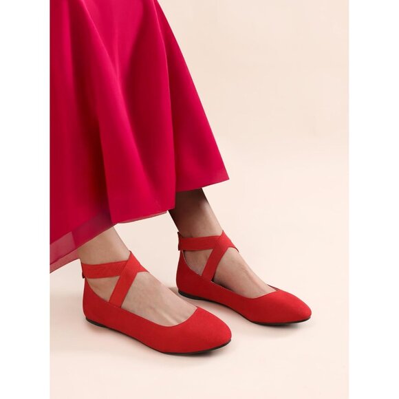 Dream Pairs Women Red Faux Suede Flats Comfortable Elastic Ankle Straps Shoes - Picture 6 of 8